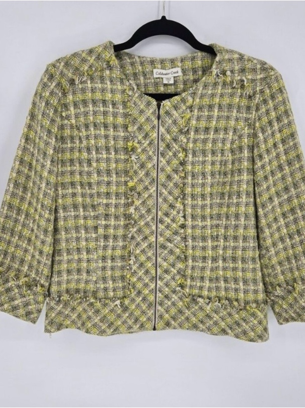 Coldwater Creek Yellow and Gray Plaid Tweed Zip Jacket